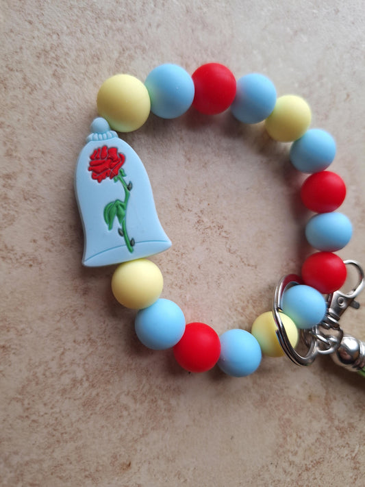 Silicone beaded wristlet keychain / rose silicone beaded wristlet keychain /  red rose floral bag accessories key chain