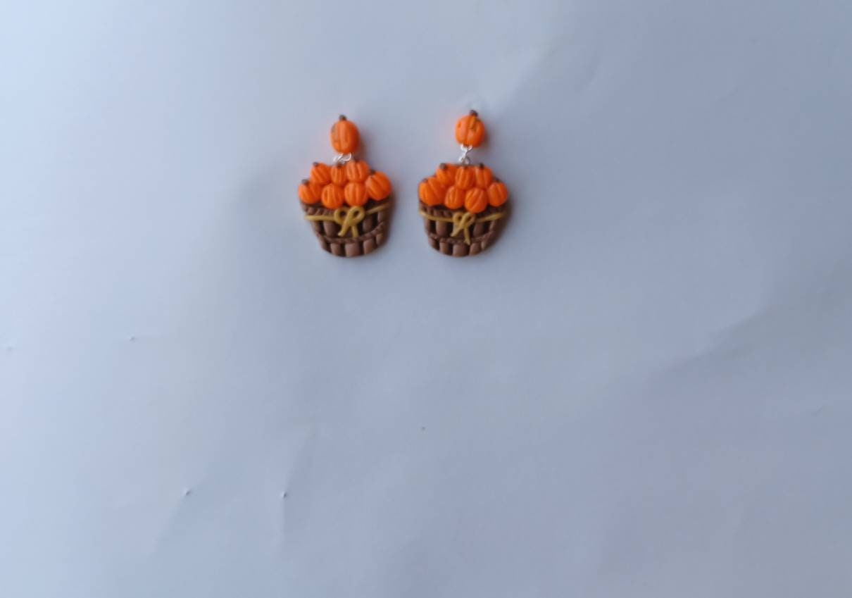 Kawaii pumpkin earrings / polymer clay pumpkin orchard basket stud dangle earrings / kawaii pumpkin fall jewelry / clay autumn earrings