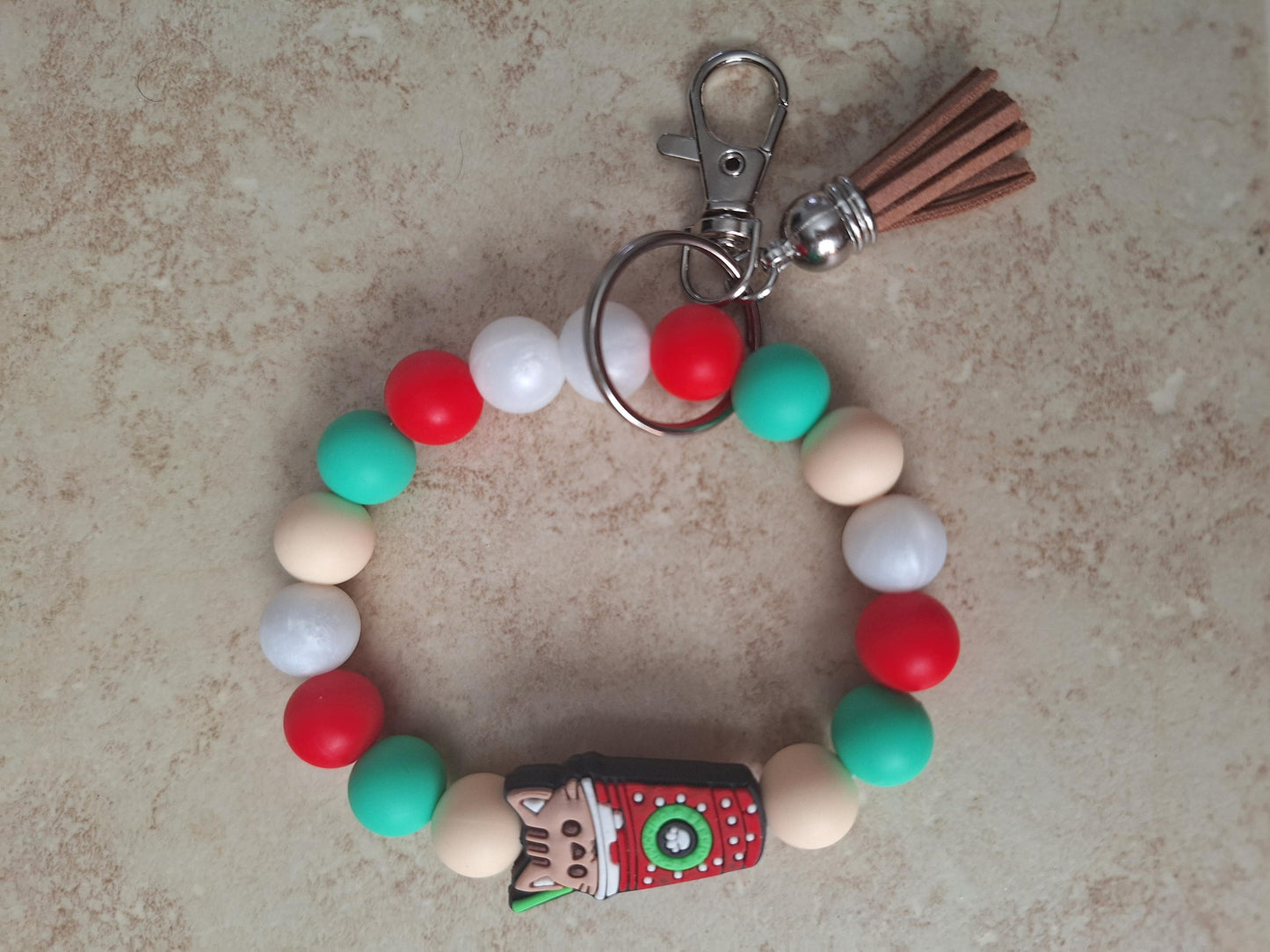 Silicone beaded wristlet keychain cat coffee cup / holiday silicone beaded wristlet keychain / kitty cat bag accessories key chain gift