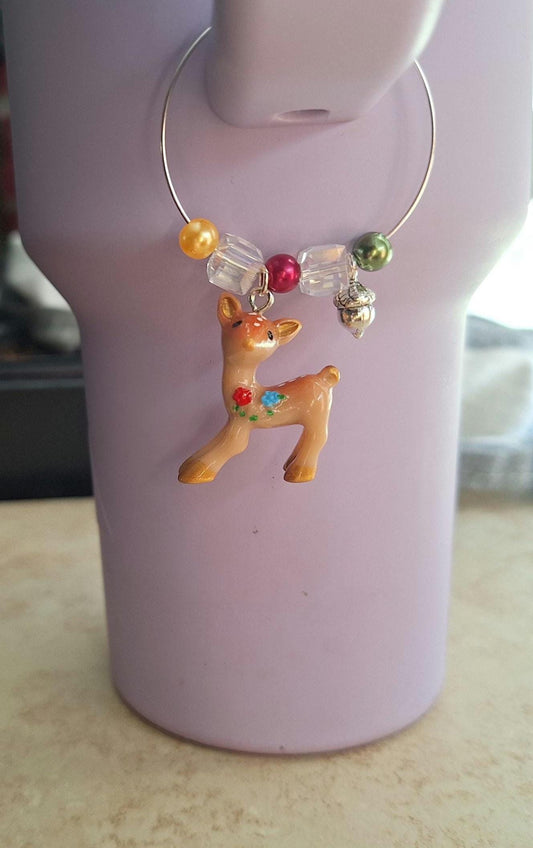 kawaii faux pearl autumn deer straw charm tumbler accessories / tumbler handle charm buddy / floral fall deer acorn cup handle charm