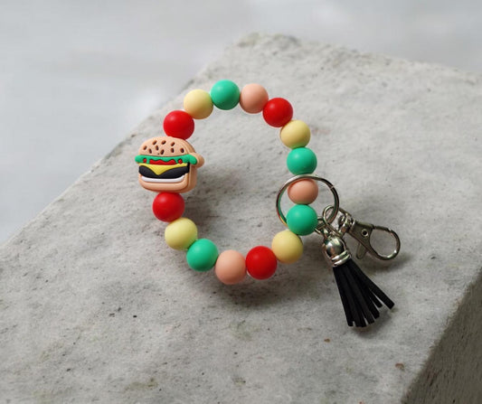 Silicone beaded wristlet keychain cute kawaii food silicone beaded wristlet keychain / hamburger cheeseburger bag accessories key chain