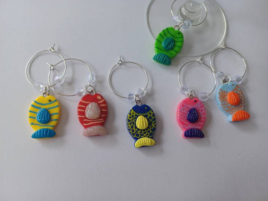 Set of 6 fish wine charms / animal wine charms / tropical fish wine charms / set of 6 polymer clay wine charms