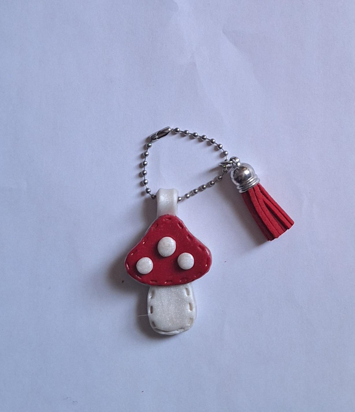 Polymer clay mushroom toadstool faux leather look stitch style keychain / cute clay toadstool bag accessories porcupine key chain