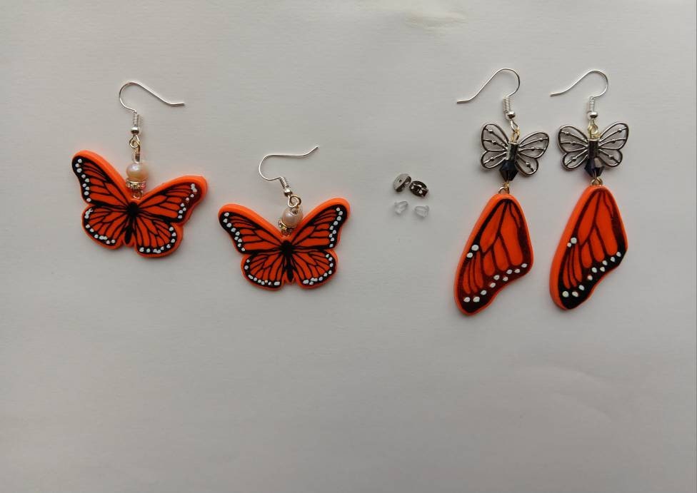 Kawaii butterfly earrings / polymer clay orange monarch butterfly dangle earrings / clay butterfly wing jewelry / butterfly wing earrings