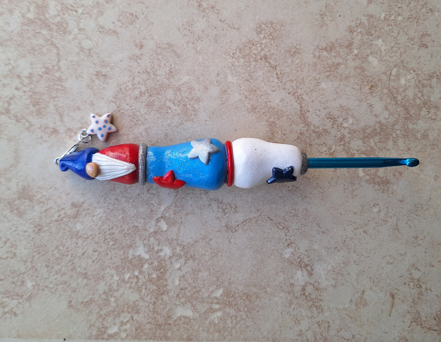 Polymer clay red white blue star gnome 4th of July crochet hook