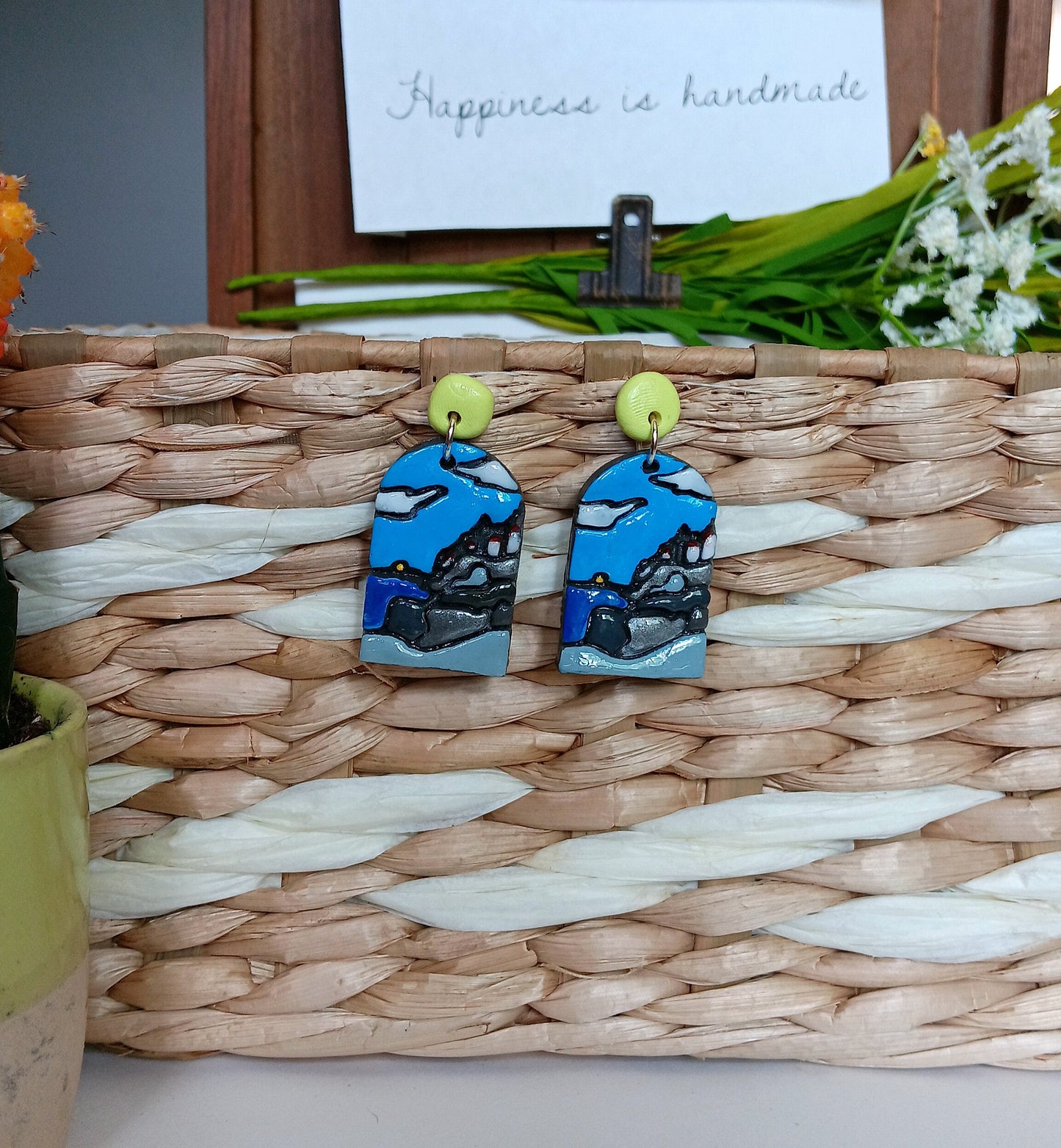 Kawaii landscape skyline earrings / polymer clay acadia national park dangle earrings / clay Acadia jewelry / landscape trees earrings