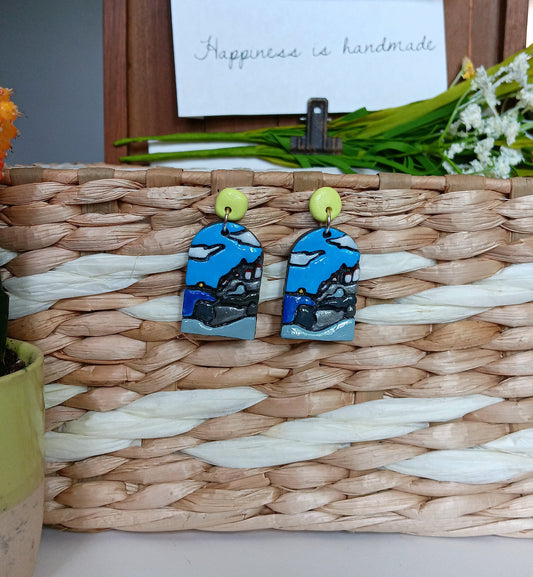 Kawaii landscape skyline earrings / polymer clay acadia national park dangle earrings / clay Acadia jewelry / landscape trees earrings