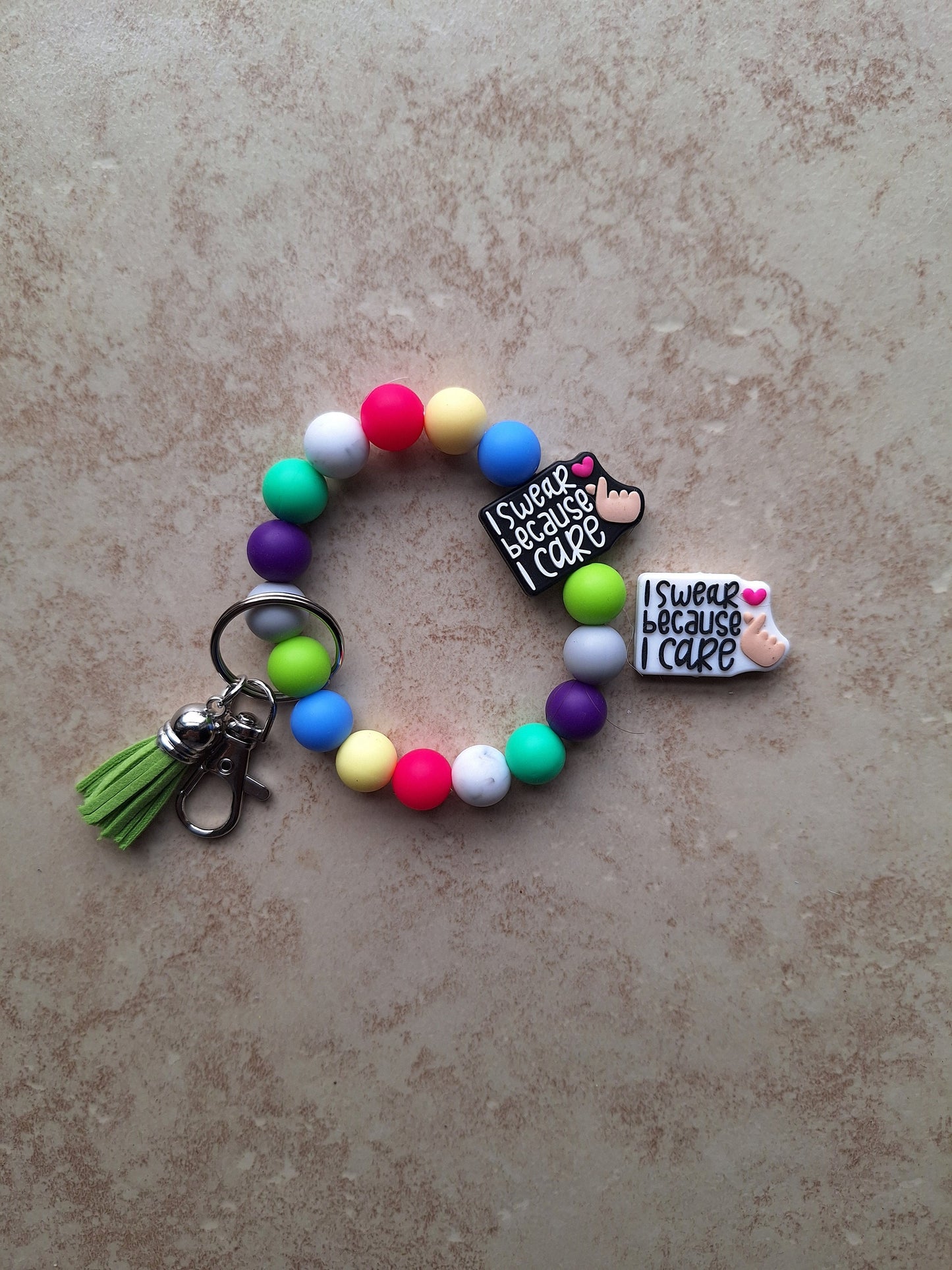 Silicone beaded wristlet keychain / i swear because i care silicone beaded wristlet keychain / swear attitude bag accessories key chain