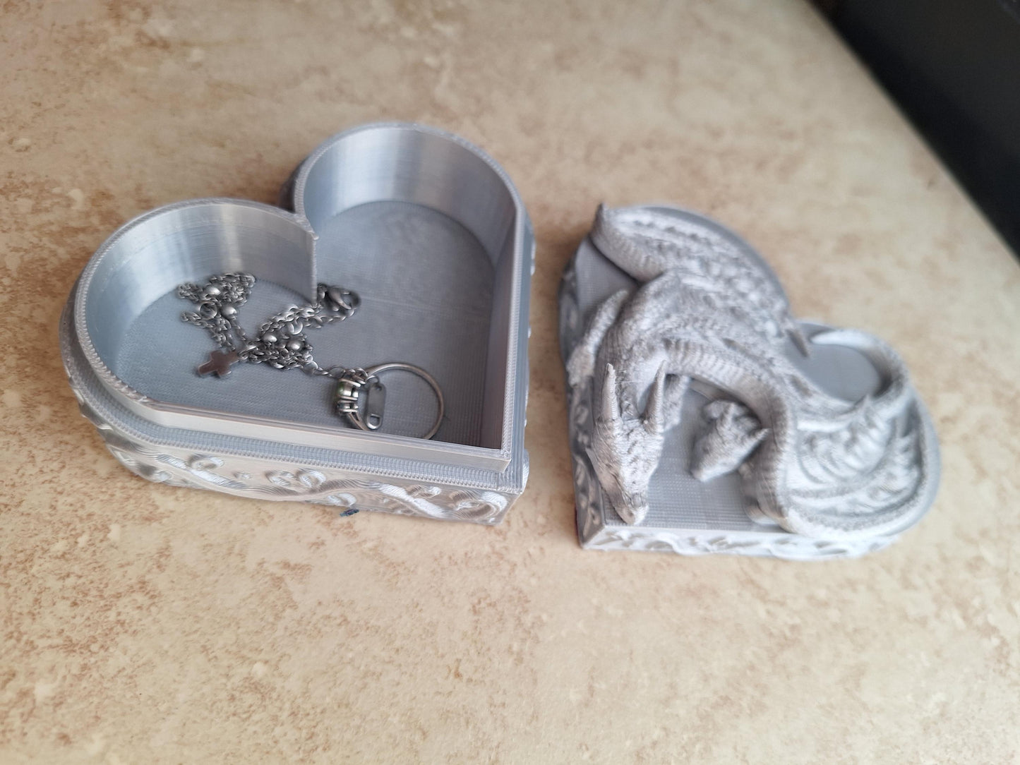 3D printed metallic silver dragon heart box / 3d dragon trinket jewelry box / 3d printed dragon knick knack organizer box