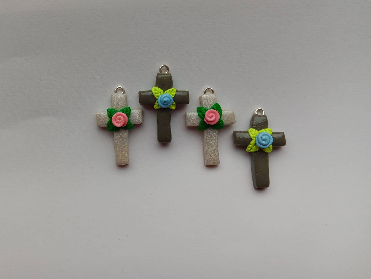 Clay cross with rose charms / polymer clay floral cross charms /  Christian jewelry charms / tiny clay cross charms