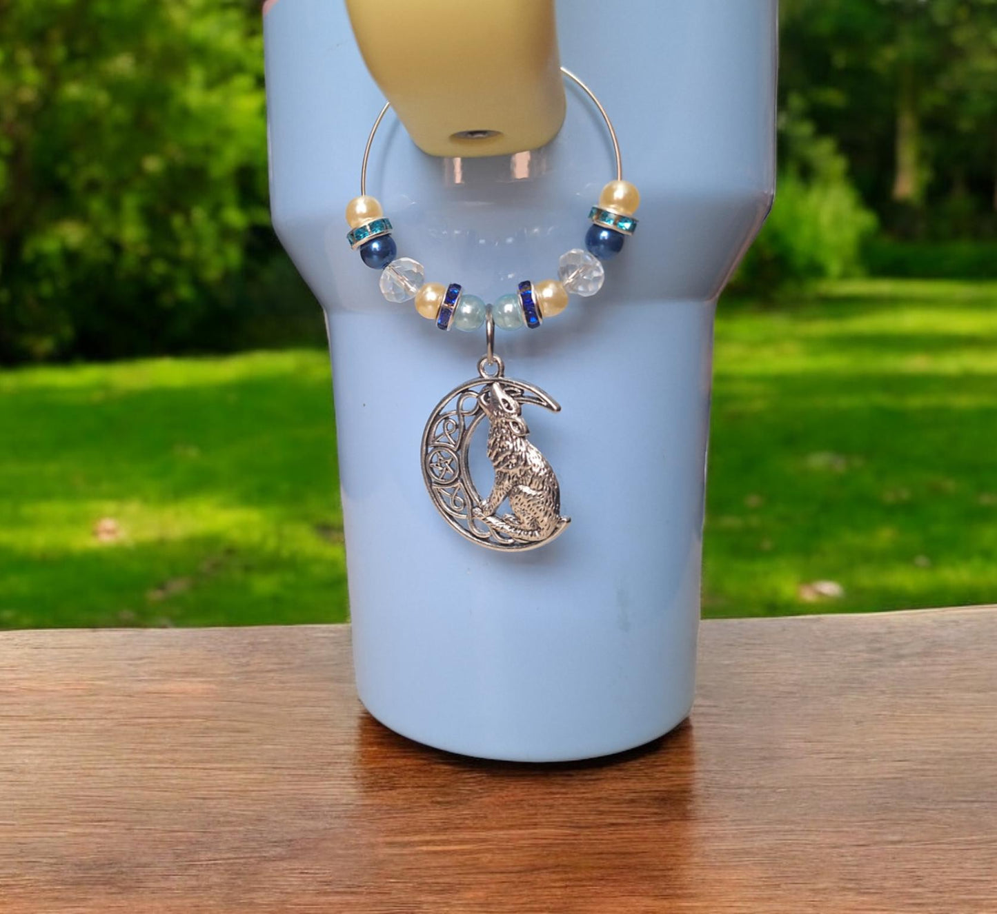 faux pearl blue Celtic moon wolf silvertone charm tumbler accessories tumbler charm buddy / beaded howling wolf cup handle charm