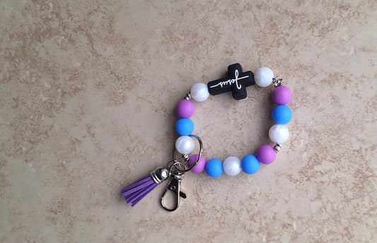 Silicone beaded wristlet keychain / Jesus cross silicone beaded wristlet keychain / religious faith bag accessories key chain gift