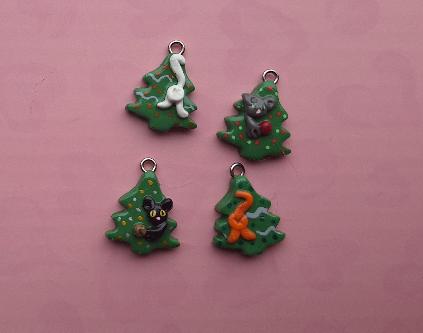 Kawaii cat in Christmas tree charms clay tree charms / jewelry holiday charms / pine tree charms / snow charms progress keeper stitch marker