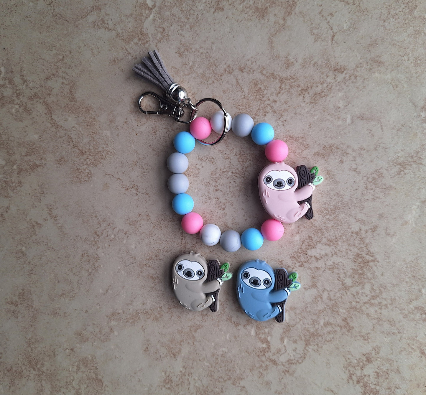 Silicone beaded wristlet keychain / pink blue gray sloth silicone beaded wristlet keychain / sloth on branch bag accessories key chain gift