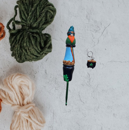 Polymer clay st Patrick's day irish gnome rainbow crochet hook
