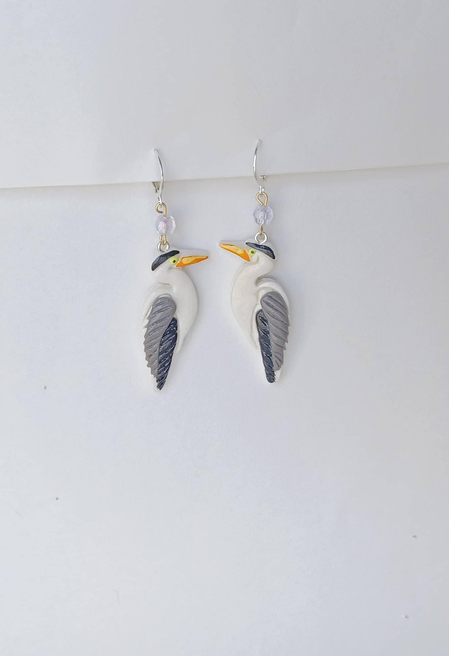 Kawaii blue heron earrings / polymer clay blue heron crane dangle earrings / kawaii bird jewelry / clay bird jewelry