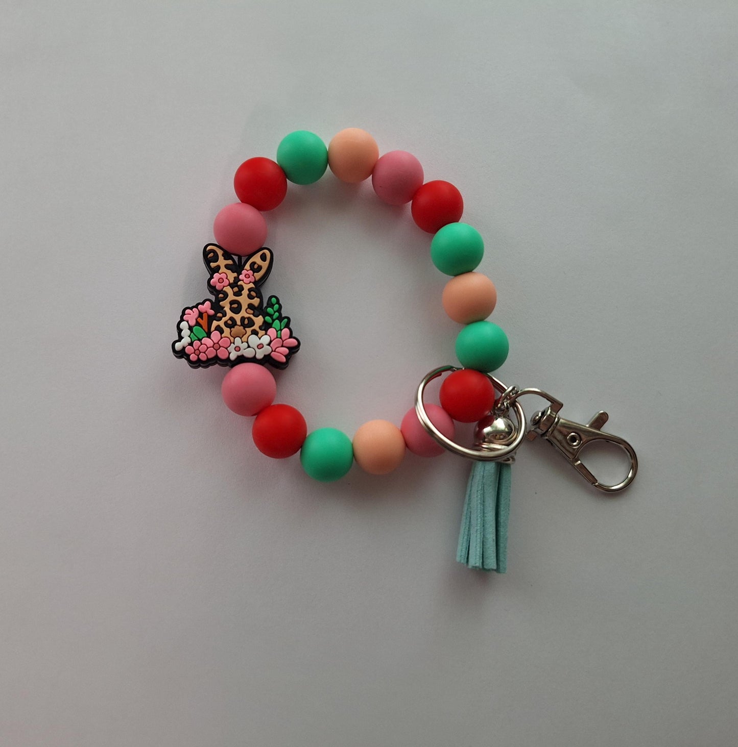 Silicone beaded wristlet keychain / leopard print floral bunny silicone beaded wristlet keychain / Easter faith bag accessories key chain