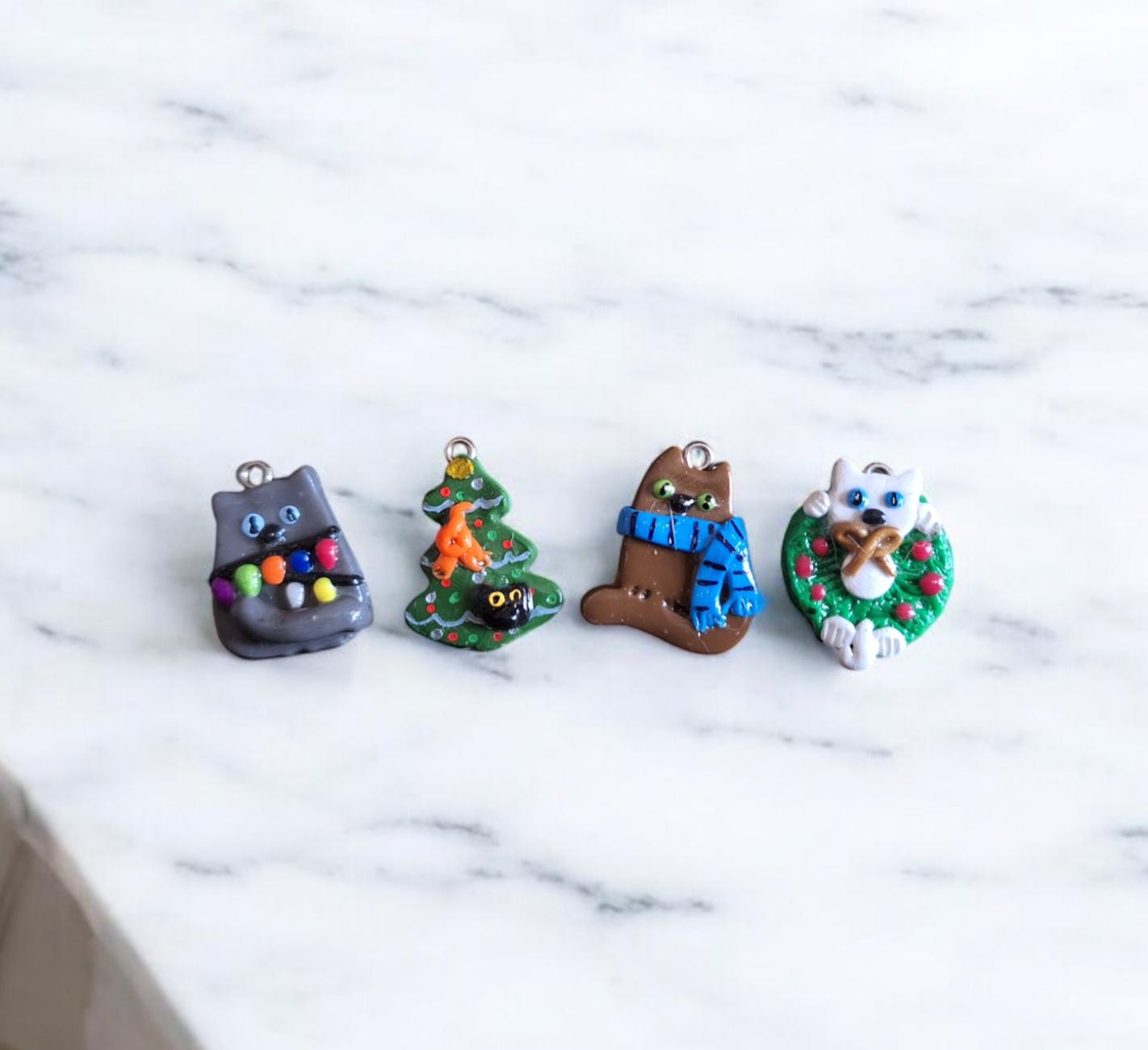 Kawaii cat in Christmas tree wreath charms clay tree charms / jewelry holiday charms / holiday cats charms progress keeper stitch marker