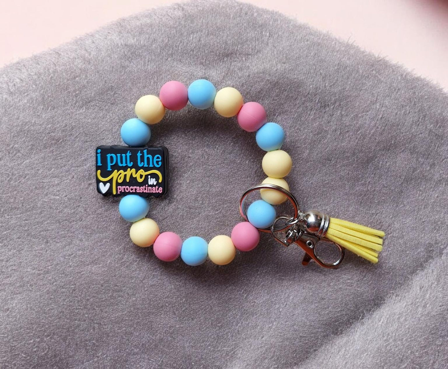 Silicone beaded wristlet keychain I put the pro in procrastination / silicone beaded wristlet keychain / bag accessories key chain gift