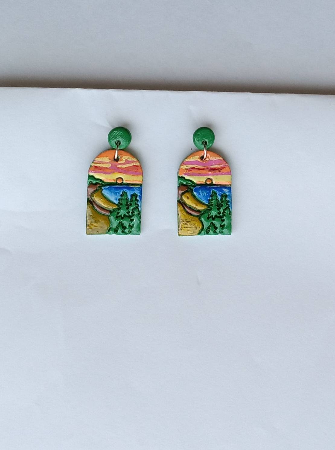 Kawaii landscape skyline earrings / polymer clay Indiana dunes dangle earrings / clay Indiana Dunes jewelry / landscape trees earrings