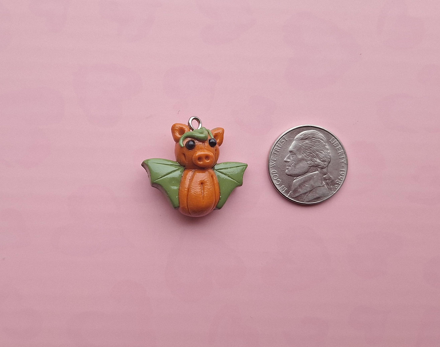 Kawaii orange pumpkin bat charm / polymer clay halloween charms pumpkin patch / clay charm jewelry / bat charm stitch marker progress keeper