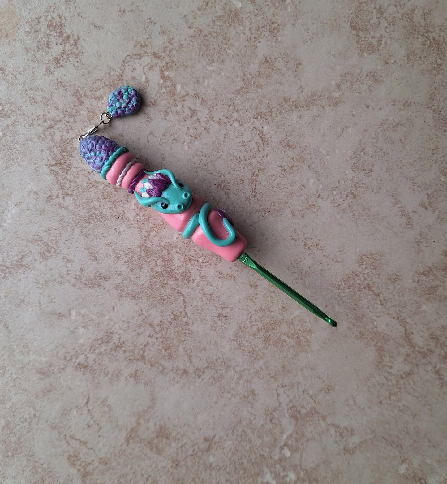 Polymer clay pink purple teal dragon egg crochet hook
