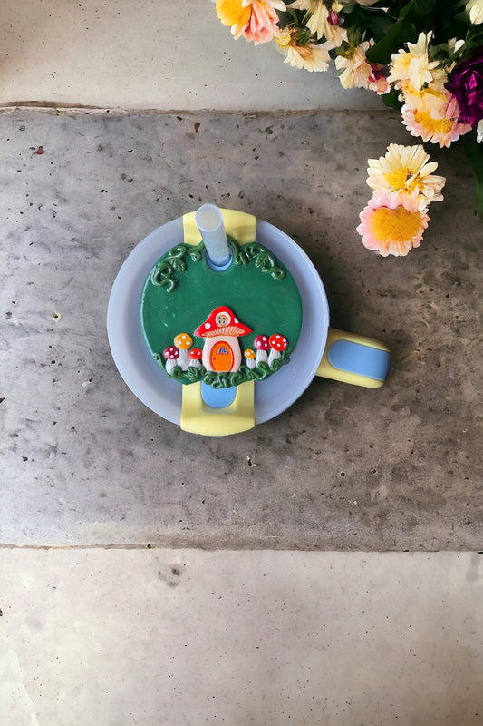 Polymer clay straw tag for stanley tumbler topper / clay tumbler mushroom tumbler topper tag / toadstool cottage core tumbler accessories
