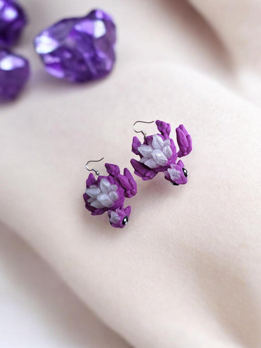 3D articulated clear purple gemstone turtle earrings jewelry charm / 3d printed turtle animal gemstone crystal turtle dangle earrings Fidget