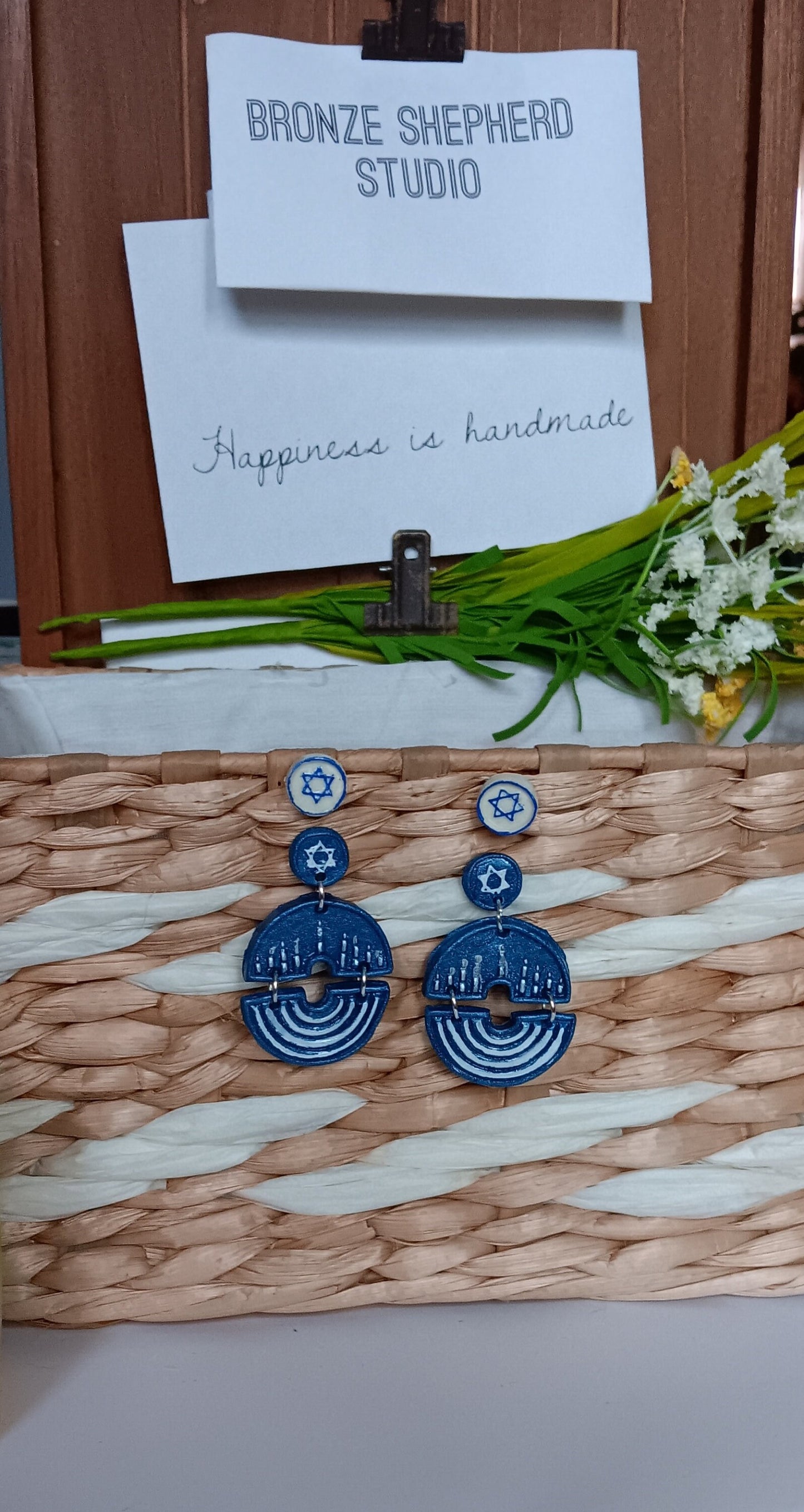 Kawaii blue silver white menorah earrings / clay menorah dangle earrings / clay Hanukkah earrings / clay star of David  jewelry