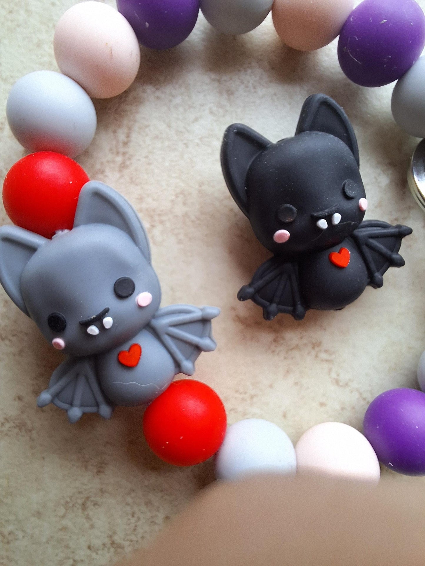 Silicone beaded wristlet gray black bat with heart / cute bat silicone beaded wristlet keychain / kawaii bat bag accessories key chain gift