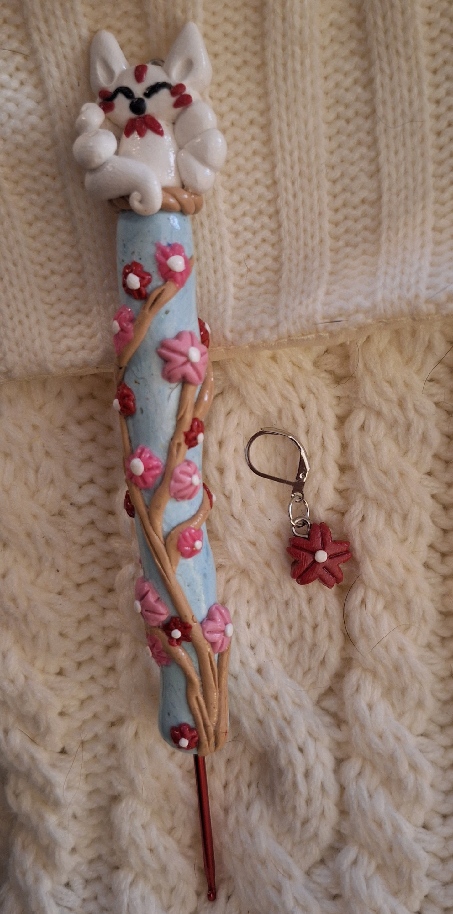 Polymer clay cute sakura cherry blossom kitsune fox crochet hook