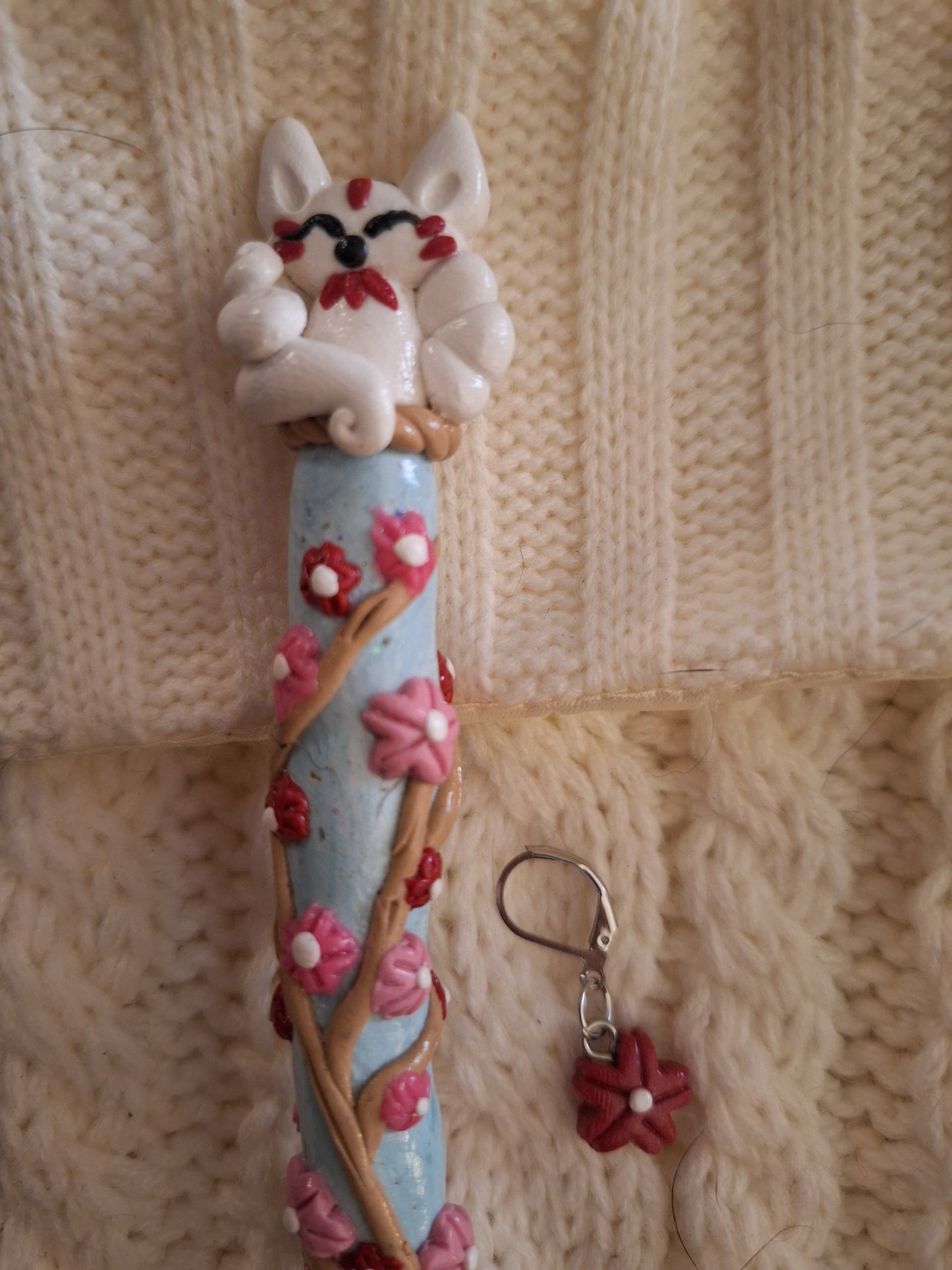 Polymer clay cute sakura cherry blossom kitsune fox crochet hook