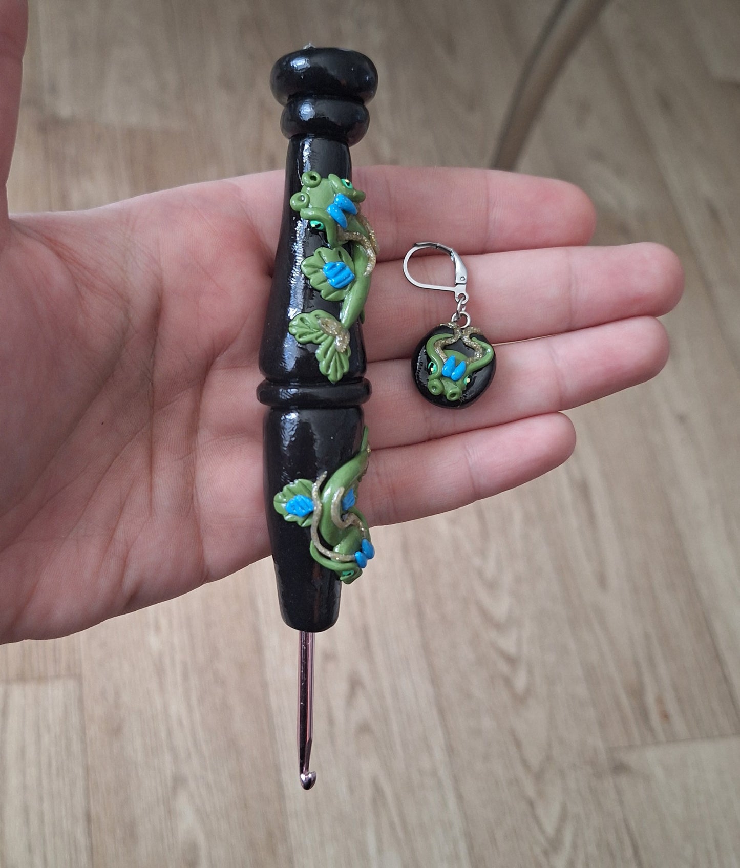 Polymer clay cute green black leafy dragon crochet hook