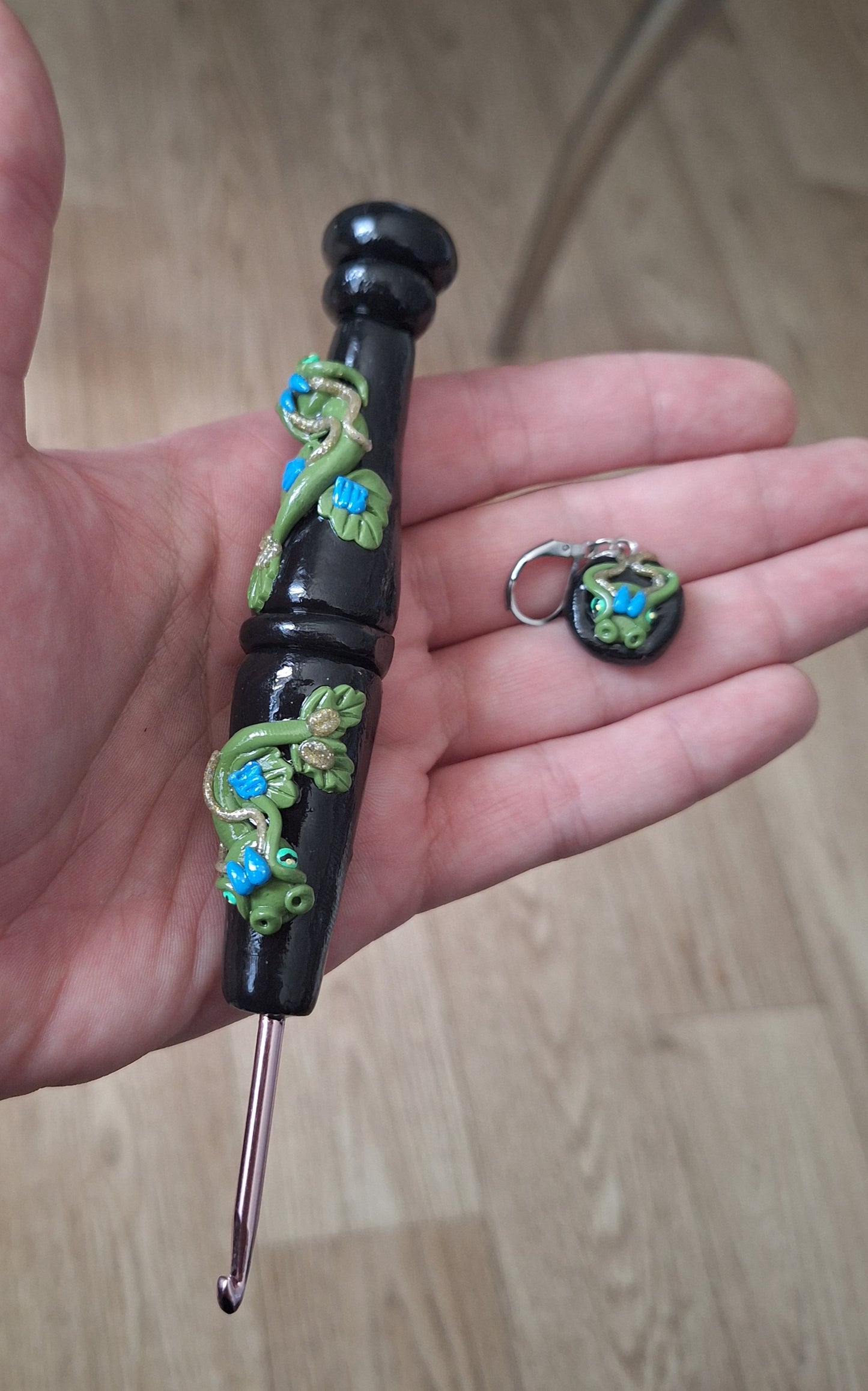 Polymer clay cute green black leafy dragon crochet hook