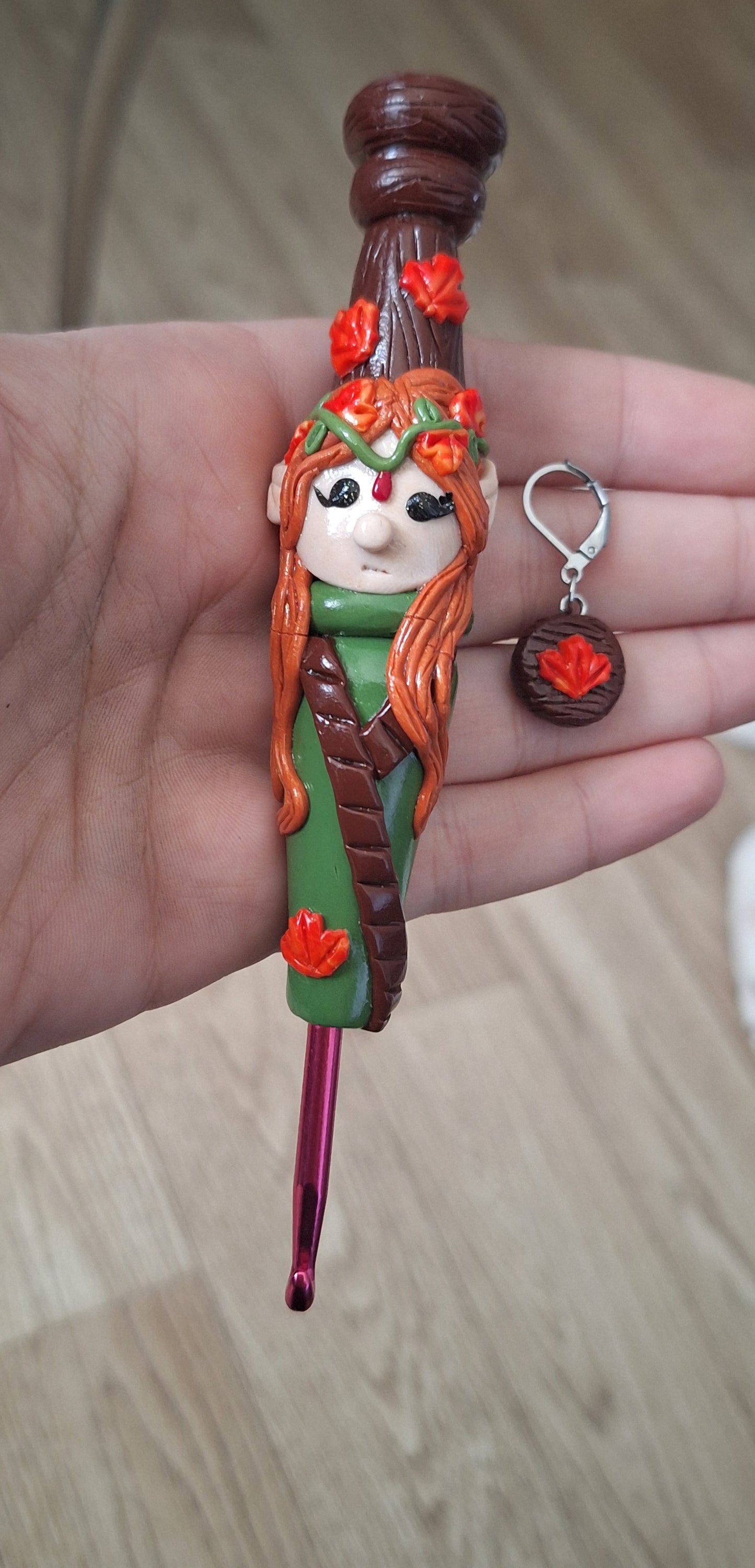 Polymer clay cute autumn forest elf elven crochet hook