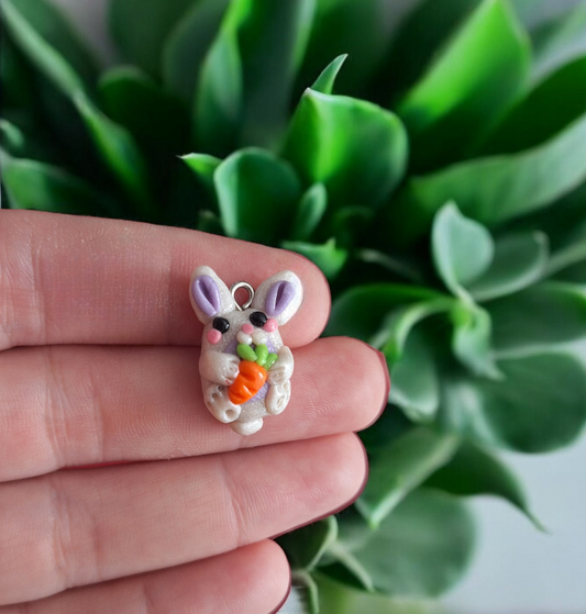 Handmade polymer clay bunny with carrot charm stitchmarker / clay rabbit jewelry charm