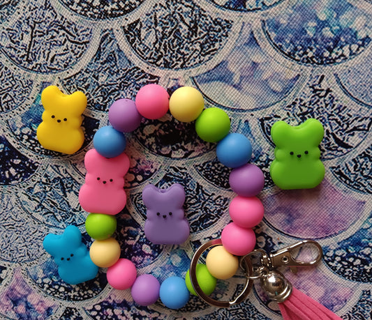 Silicone beaded easter marshmallow bunny silicone beaded wristlet keychain bag accessories