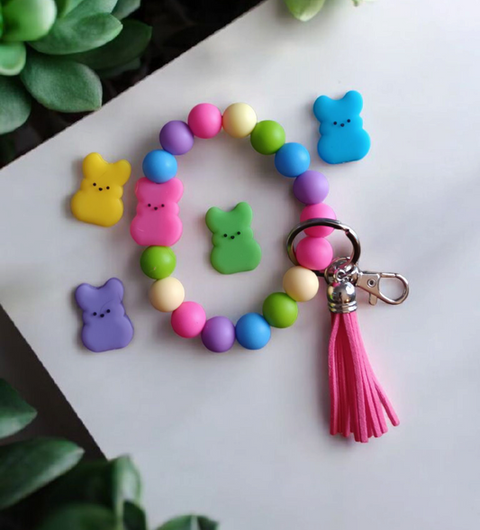 Silicone beaded easter marshmallow bunny silicone beaded wristlet keychain bag accessories