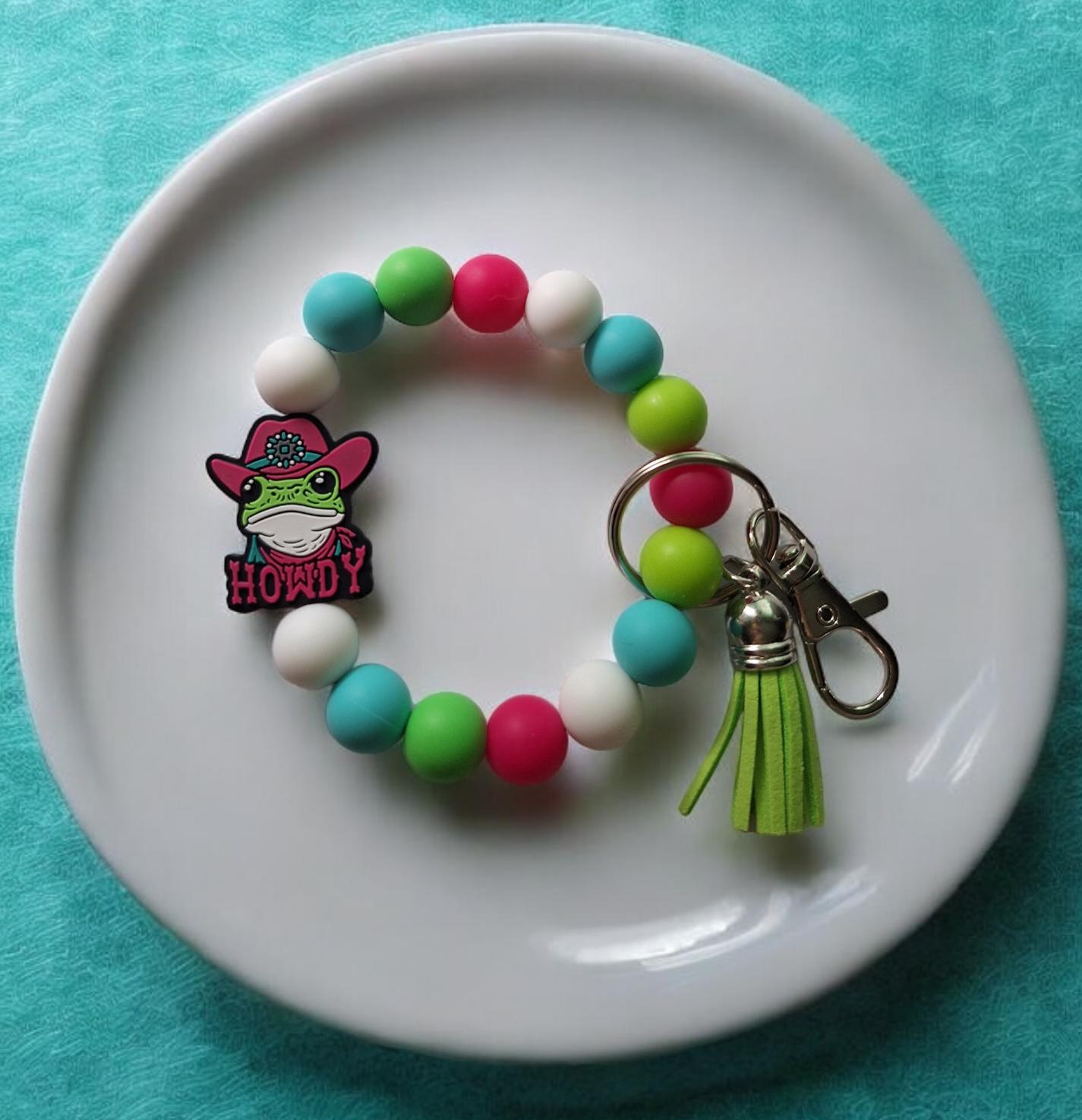 Silicone beaded frog wristlet / colorful howdy cowboy frog silicone beaded wristlet keychain / country western bag accessories key chain