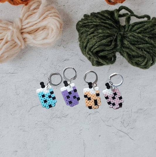 Stitch markers set 4 boba bundle / taro strawberry blueberry mocha bubble tea perler bead set of 4 boba cutie progress keeper pixel style
