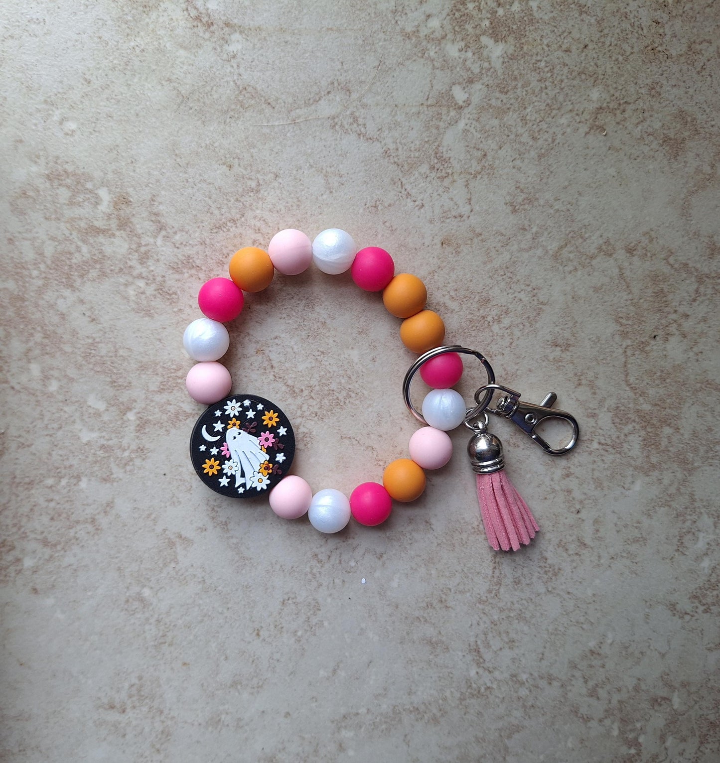Silicone beaded wristlet keychain / fall halloween beaded wristlet ghost keychain / groovy floral ghost bag accessories key chain gift