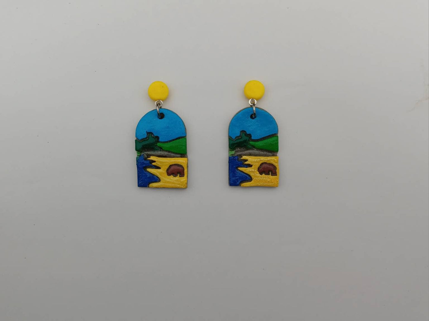 Kawaii buffalo earrings / polymer clay Yellowstone landscape dangle earrings / clay buffalo jewelry / landscape trees earrings