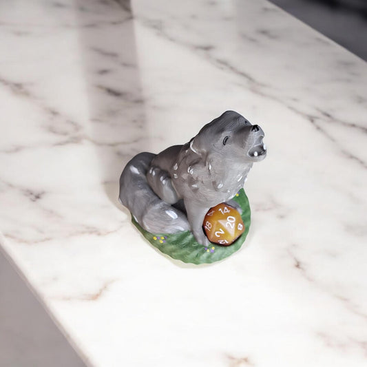 3D printed and painted gray wolf dice guardian / 3d white grey howling wolf dice buddy / 3d printed d20 dice guardian