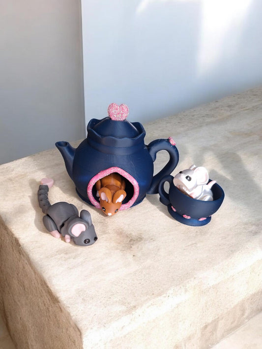 3D articulated mouse / 3d printed mice tea pot cup set / 3d printed animals mouse keychain figurine knick knack Fidget