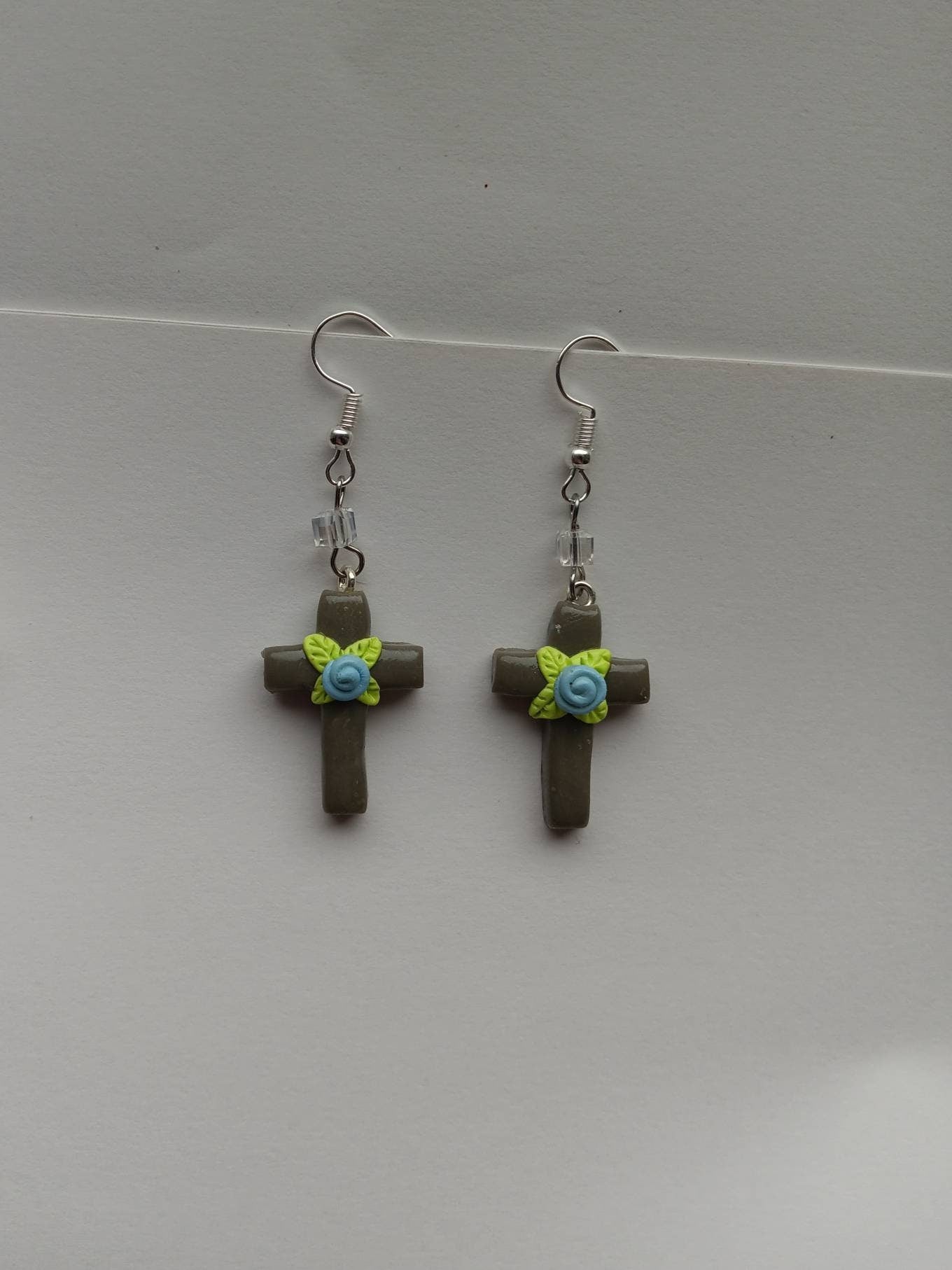 Kawaii floral cross earrings / polymer clay rose cross dangle earrings / clay faith Christian jewelry / floral rose cross earrings