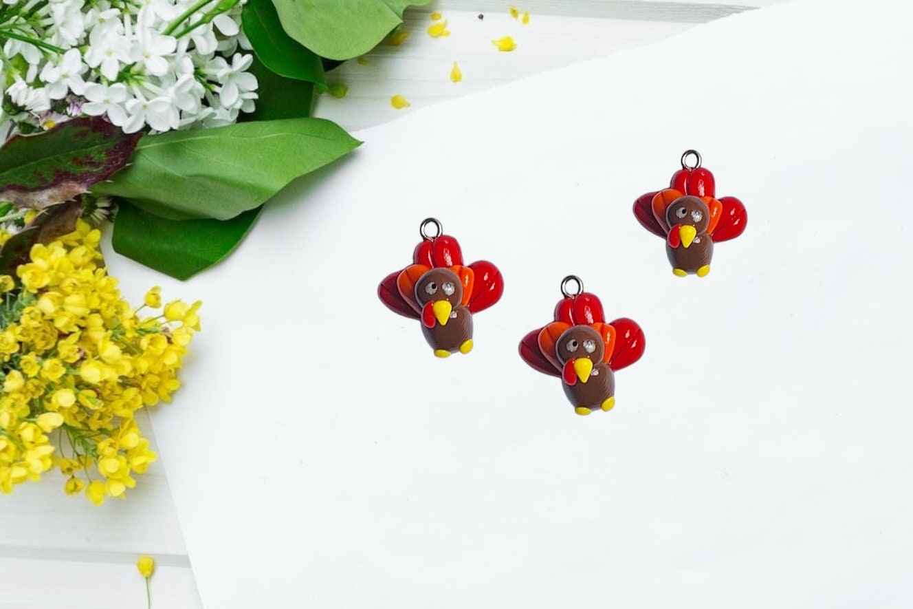 Kawaii red orange turkey charms / polymer clay turkey bird charms / clay holiday charms / clay thanksgiving turkey jewelry stitch marker