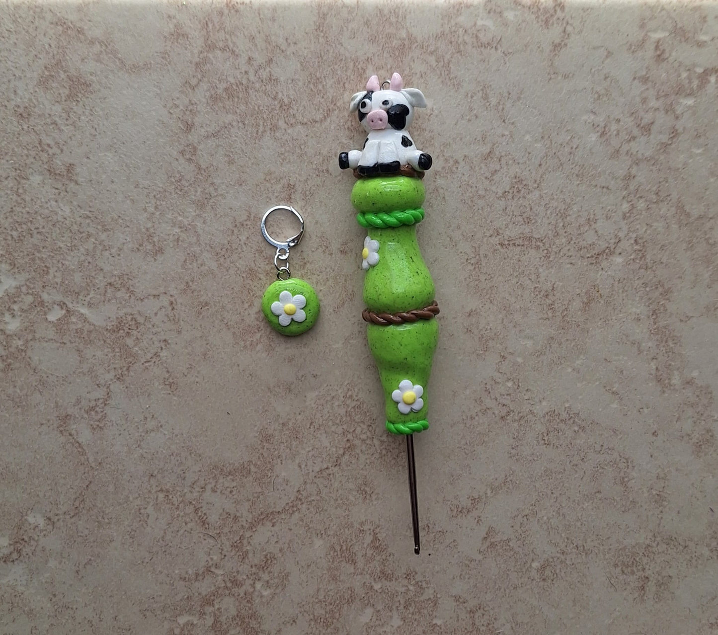 Polymer clay cute daisy cow crochet hook with stitch marker