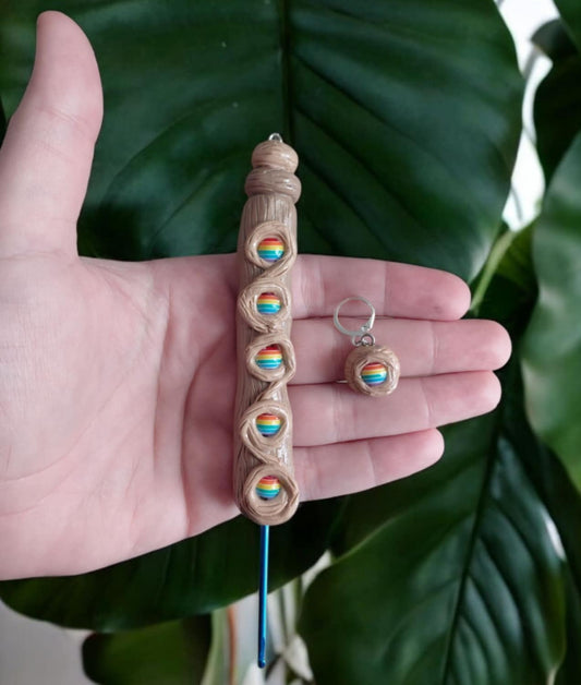 Handmade polymer clay faux wood grain rainbow crochet hook with stitch marker