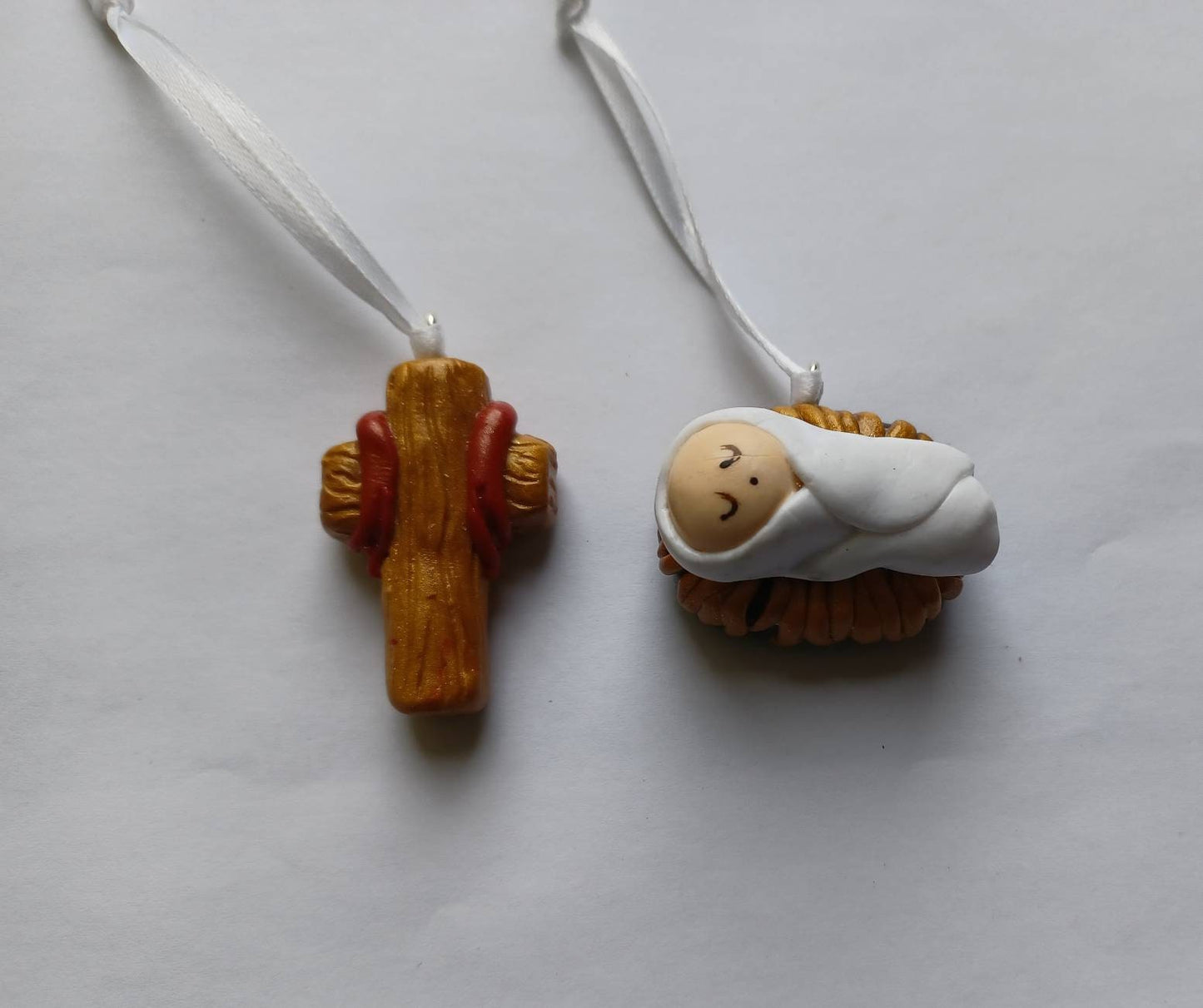 Baby Jesus ornament / cross ornament / religious ornament / polymer clay christmas ornament / Manger ornament / nativity ornament set of 2