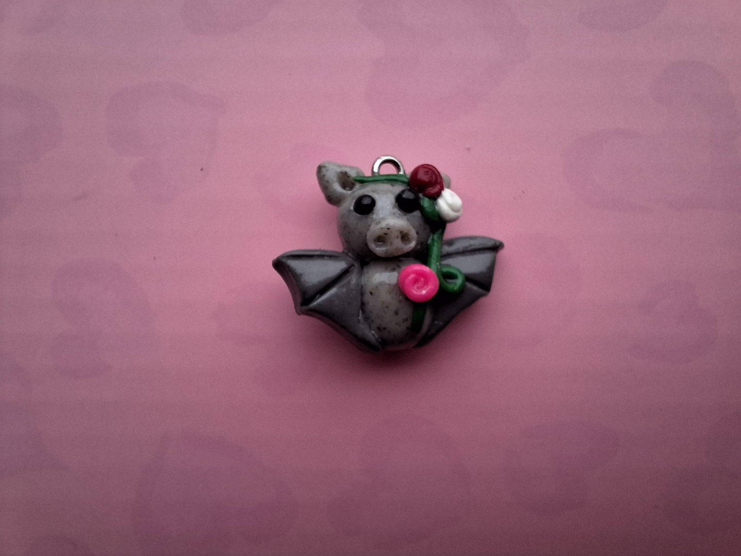 Kawaii floral rose bat charm / polymer clay holiday charms / clay charm jewelry / bat charm stitch marker progress keeper